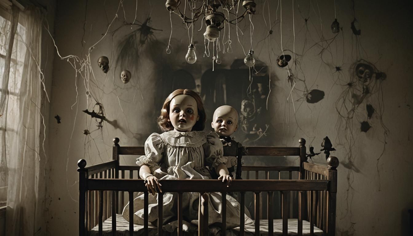 Eerie Antique Crib in Dark Academia Horror Setting
