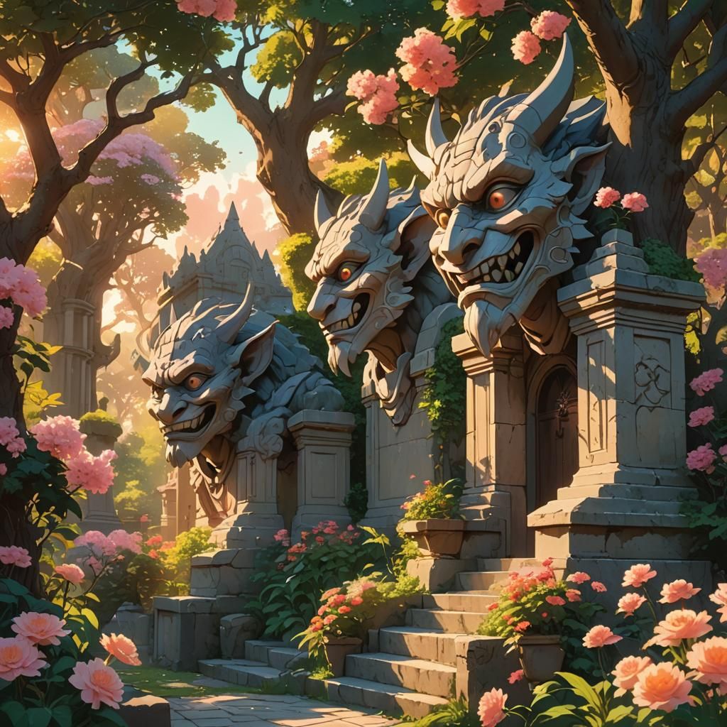 Fantastic Garden with Grotesque Stone Masks, Anime Key Visua...