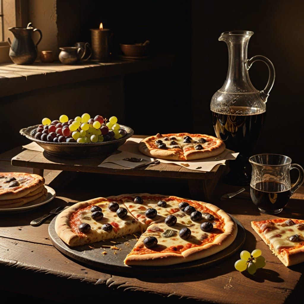 Baroque Still Life with Pizza in Caravaggio Style