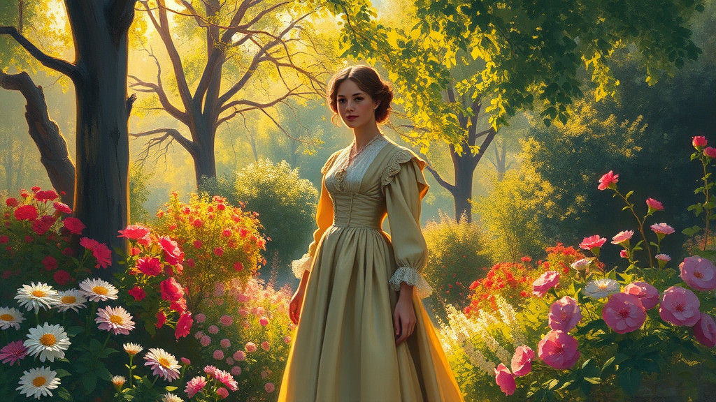 Victorian Woman in Lush Garden, Impressionist Style