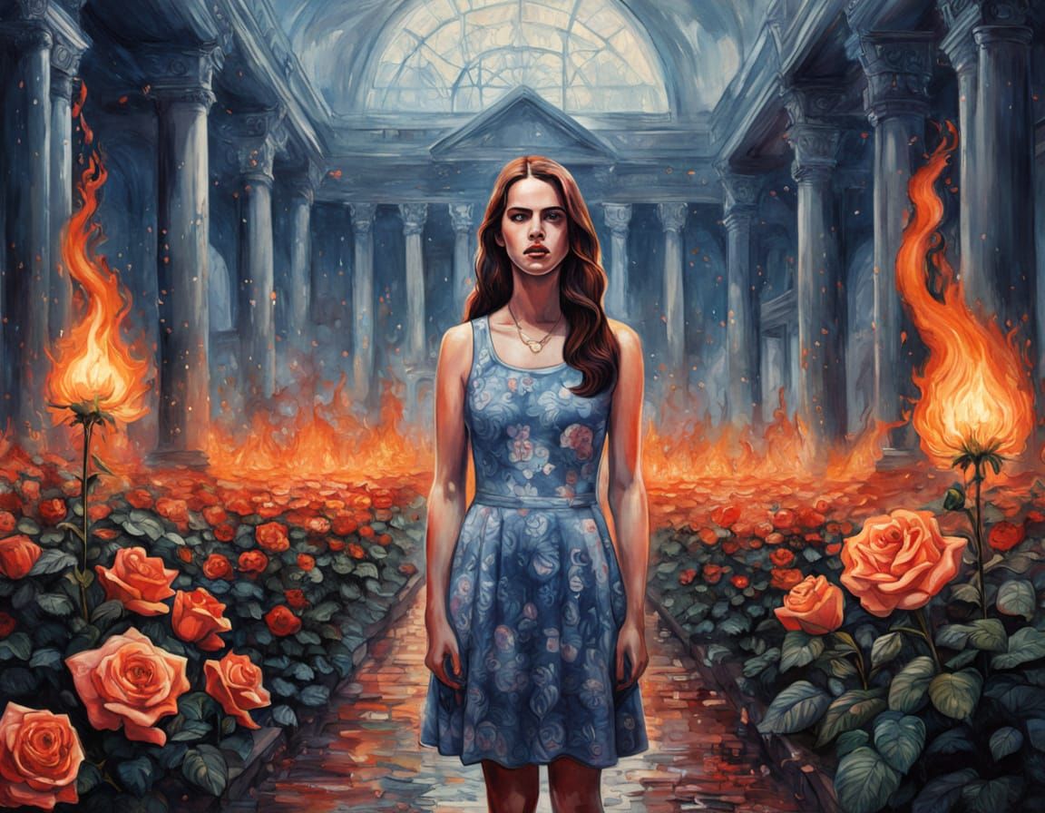 Surreal, Watercolor-Inspired Portrait of a Haunting, Flaming...