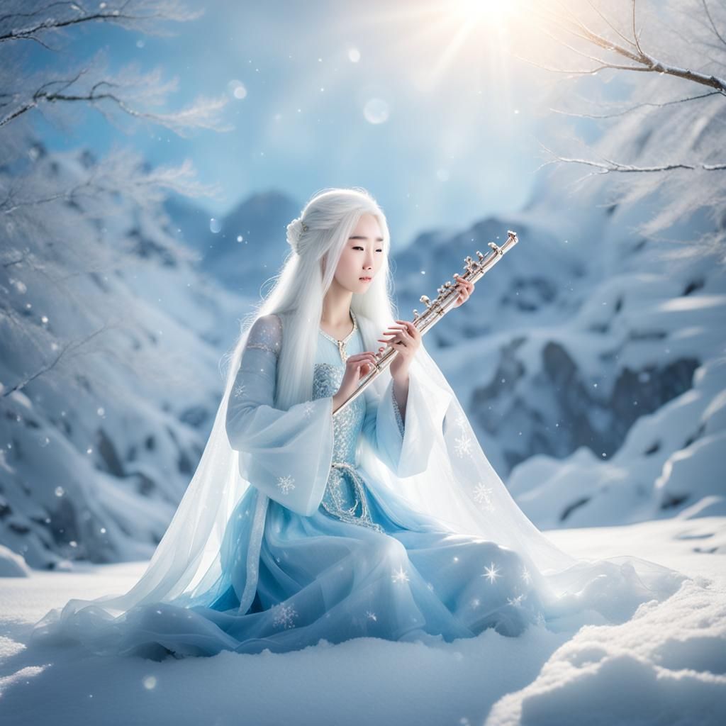 Korean Ice Princess Playing Flute in Snow