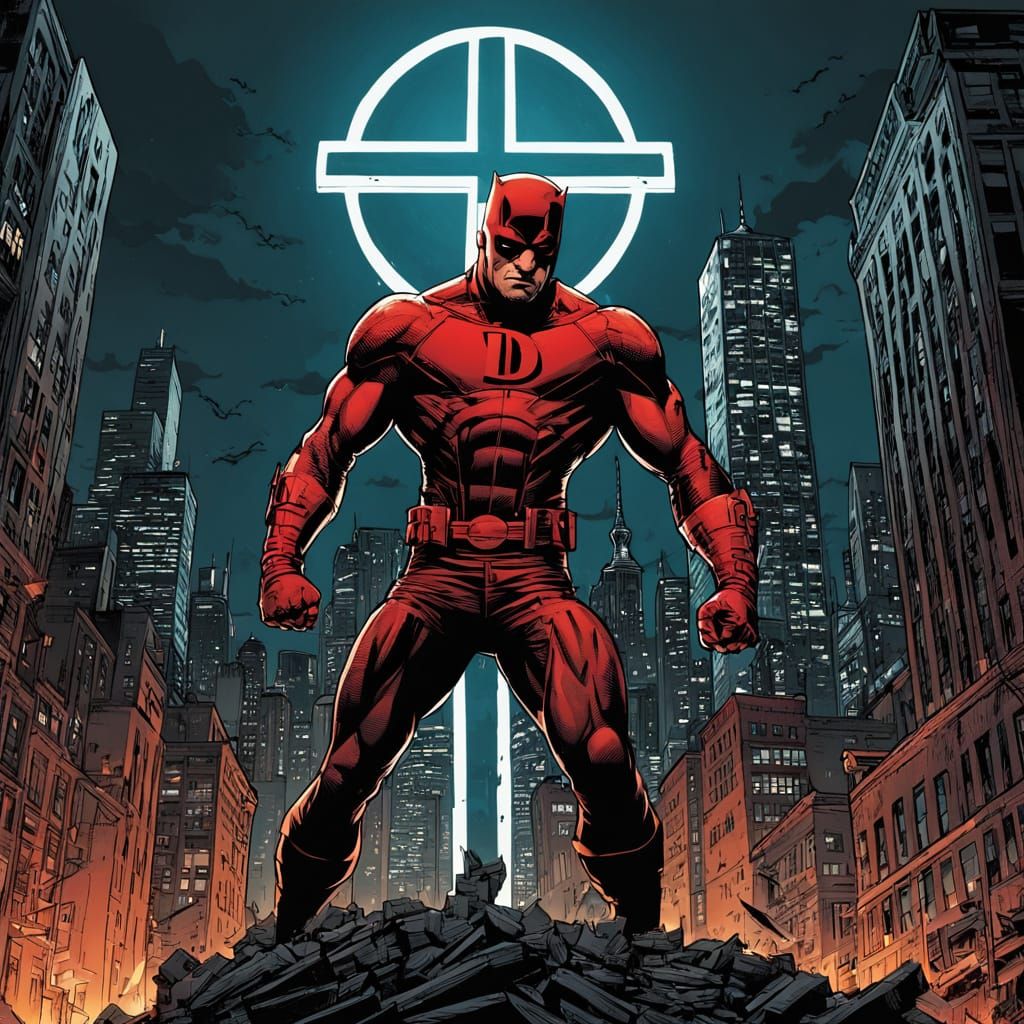 Daredevil in Classic Comic Book Style with Red Costume and C...