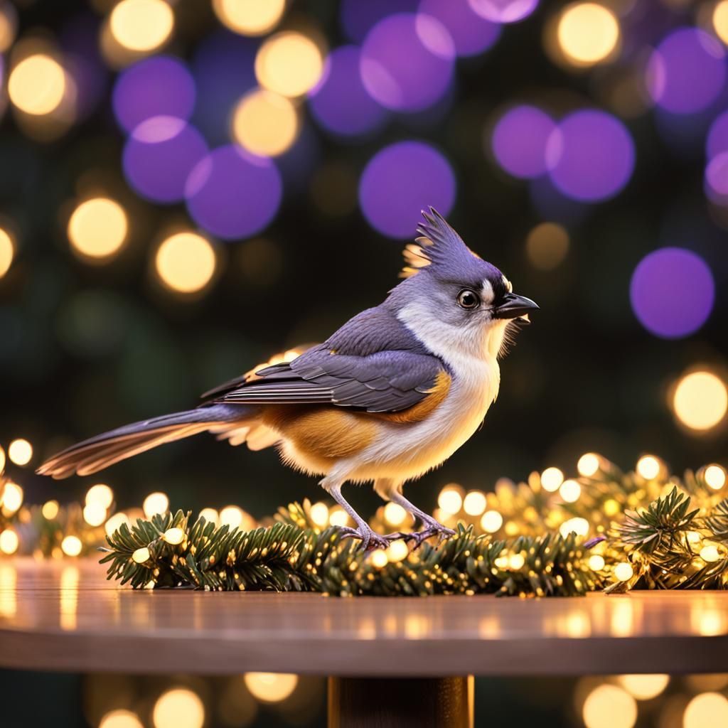 Tufted Titmouse in Christmas Lights: Hyper-Realistic Bird Ar...