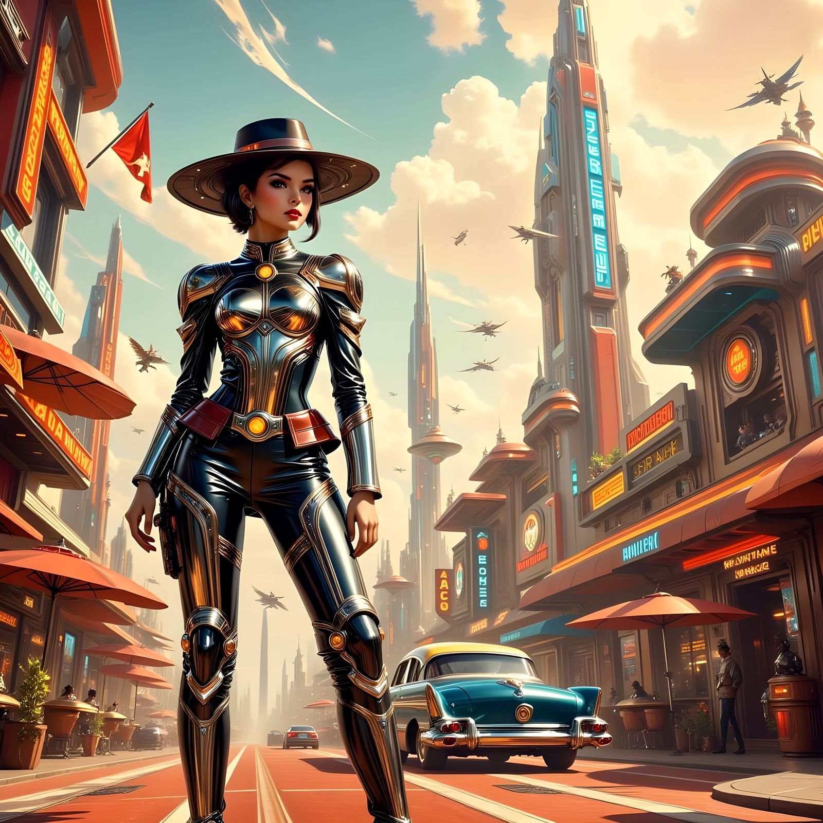 Cyborg Sheriff Enforces Order in Neon-Lit Retro Future Town