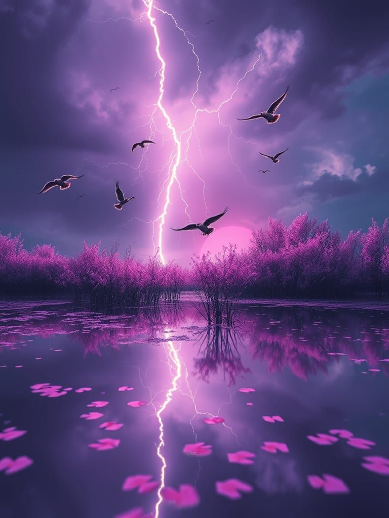 Dramatic Lightning Over Lilac Pond: A Cinematic Painting