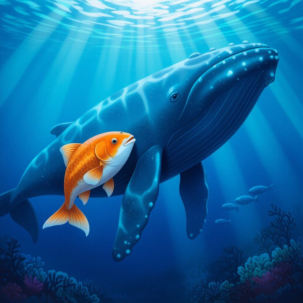 Little Fish Comforted by Giant Blue Whale Underwater