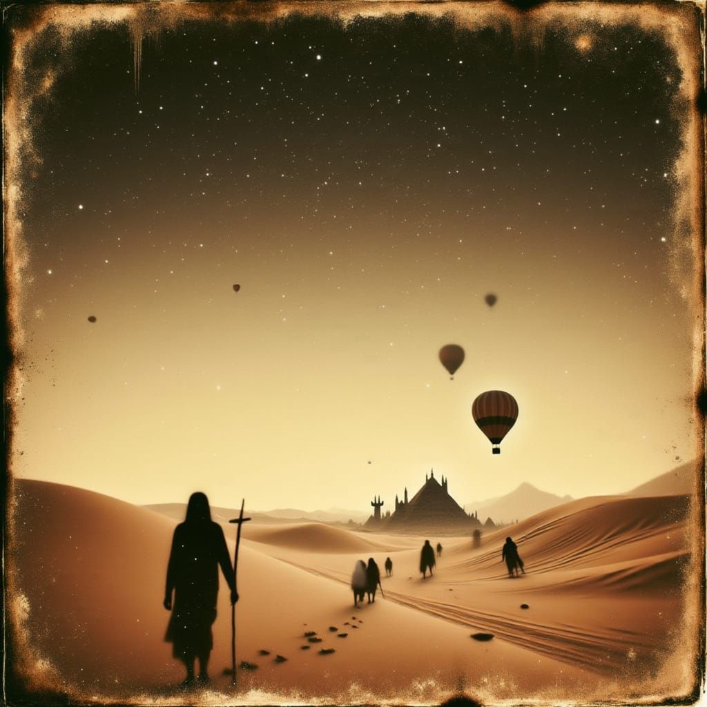 Sahara Desert Dawn Explorer Sketch in Sepia Tones