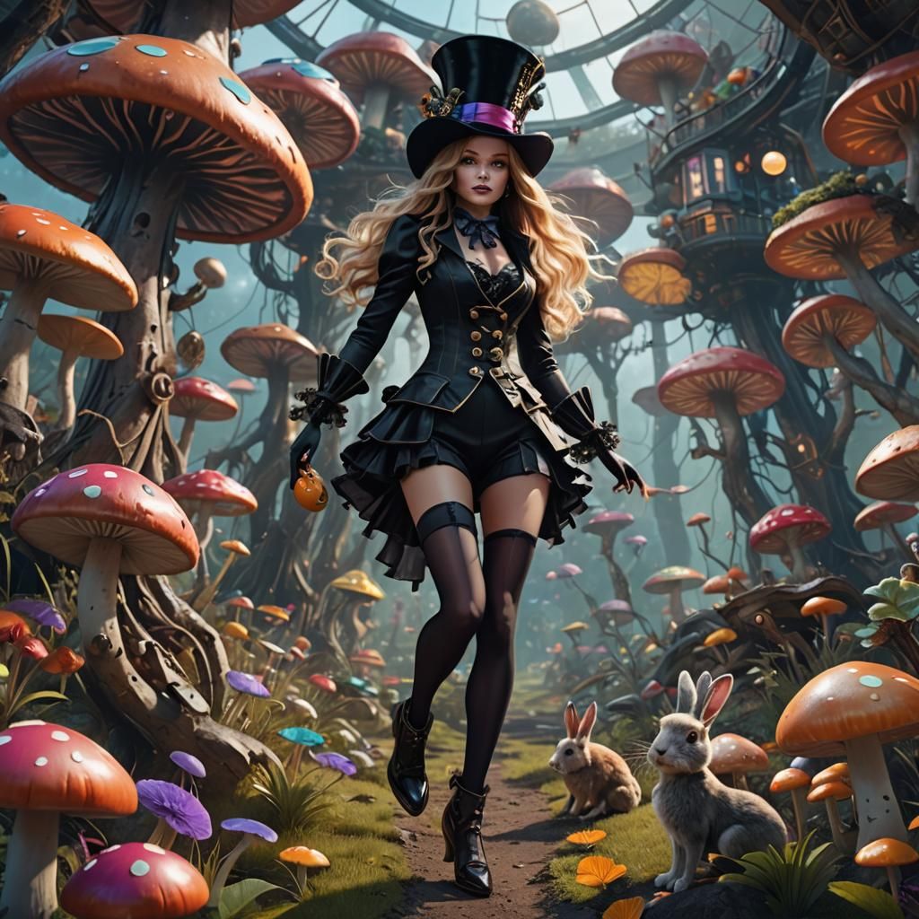 Mad Hatter Woman Chasing Rabbit in Sci-Fi Wonderland
