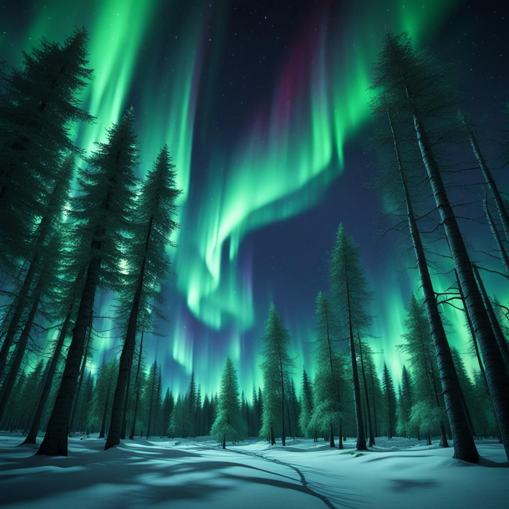 northern lights above a forest in Canada, cold, night, photo...