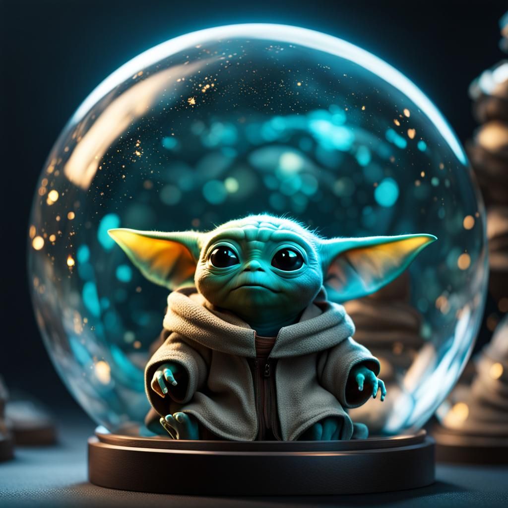 A {Din Grogu - baby yoda with a light-sabel} inside a cracke...