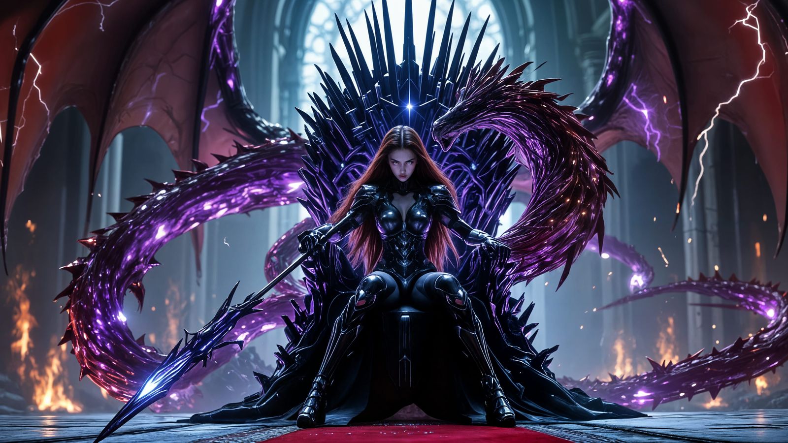 Dragon-Guarded Throne with Female Warrior in Armor