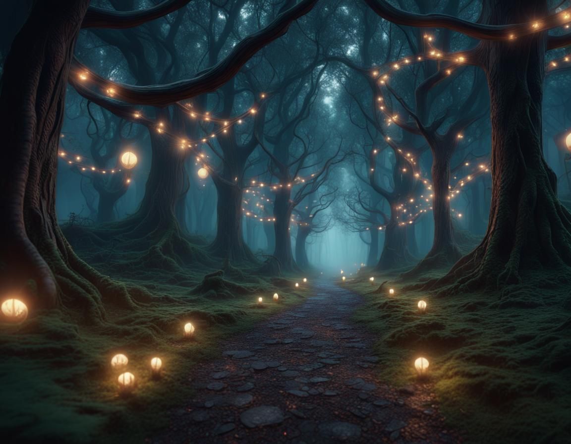 Magical Forest Path with Art Nouveau Carvings