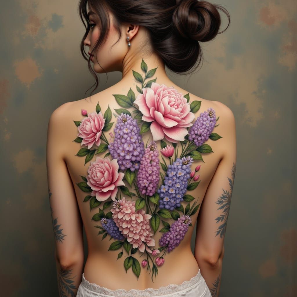 Woman With Colourful Floral Back Tattoos