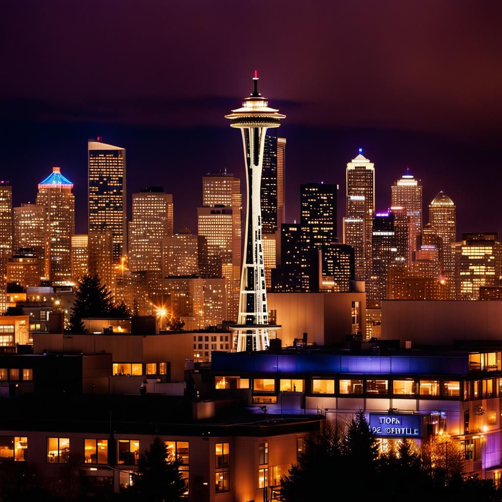 Seattle Skyline at Night in Golden Hour Lighting