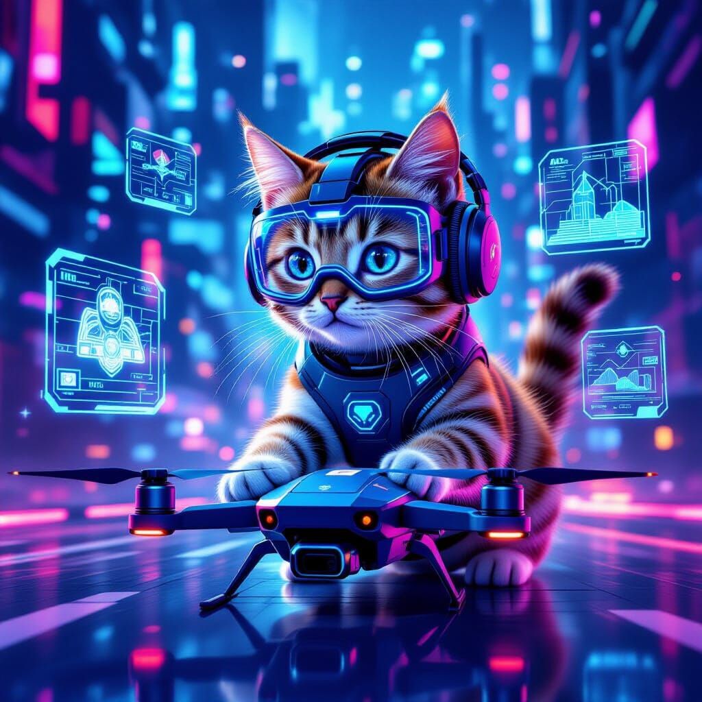 Alpha Cat Pilots Drone in Futuristic Cityscape
