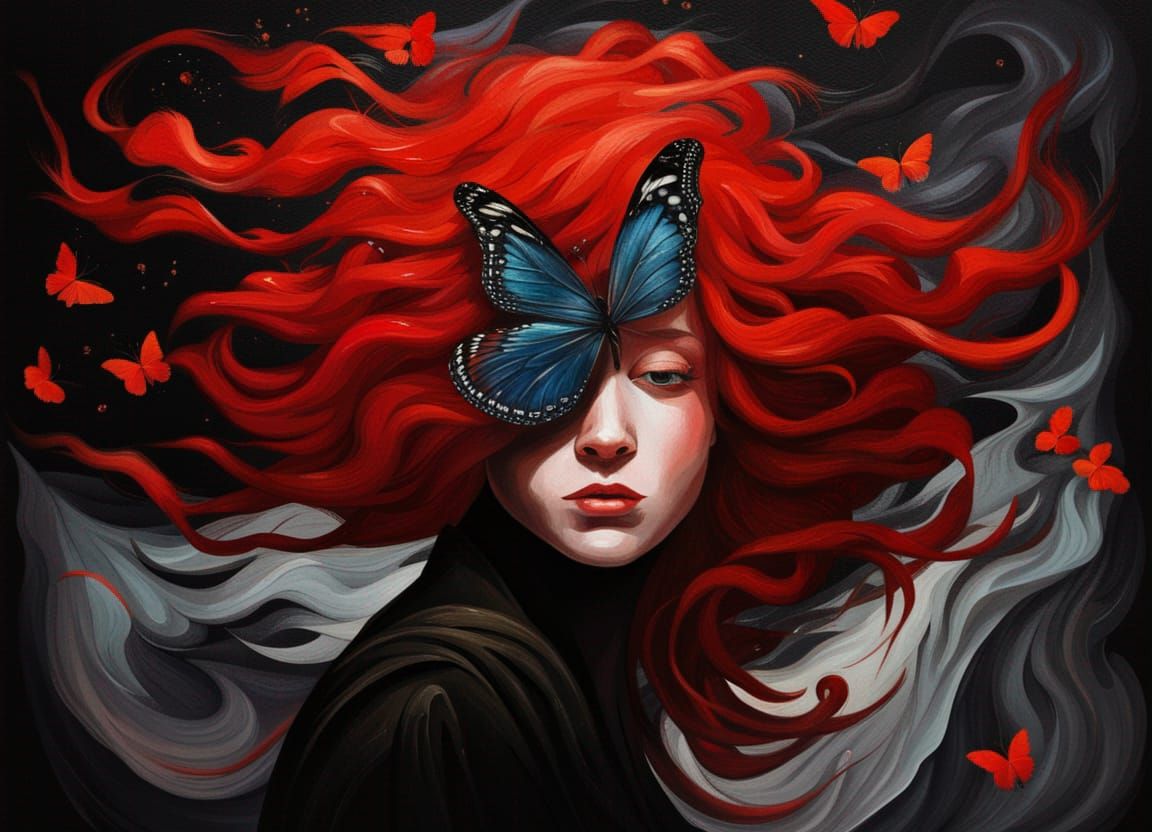 Surreal Butterfly-Faced Person with Red Hair