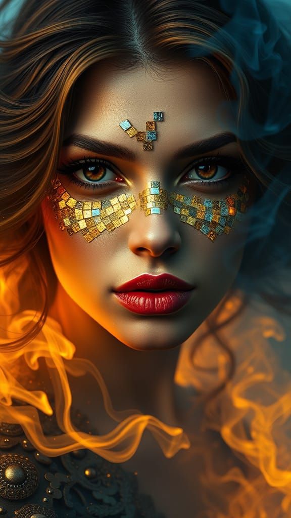 Hyperrealistic Portrait of a Woman in Gold and Silver Mosaic...