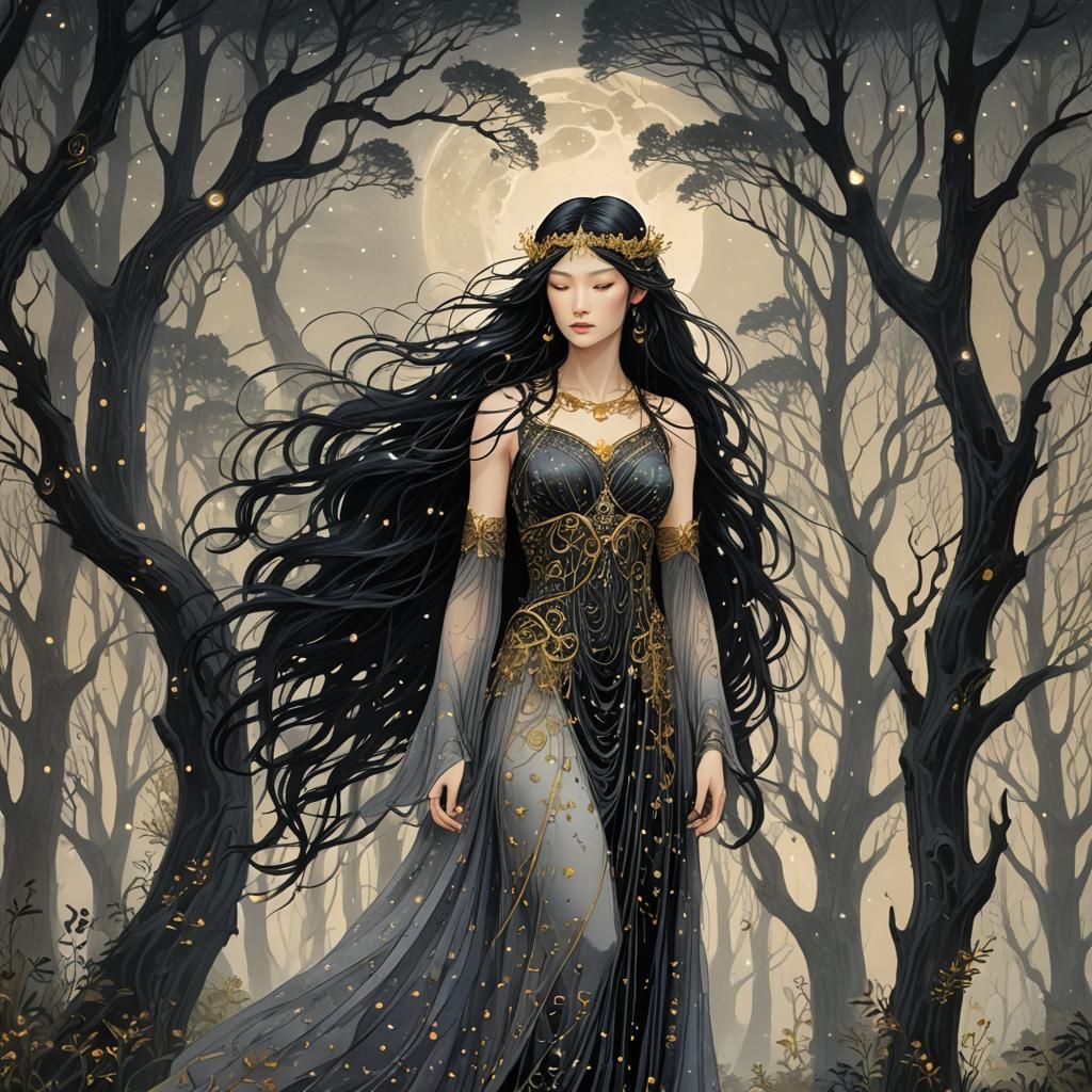 Artemis in Cypress Forest, Dark Surrealism