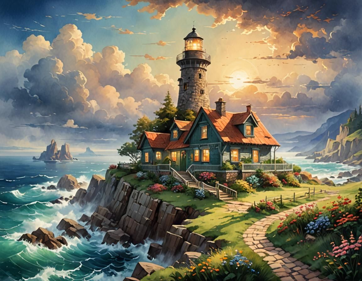 Charming Cottage by the Ocean in Watercolor Style