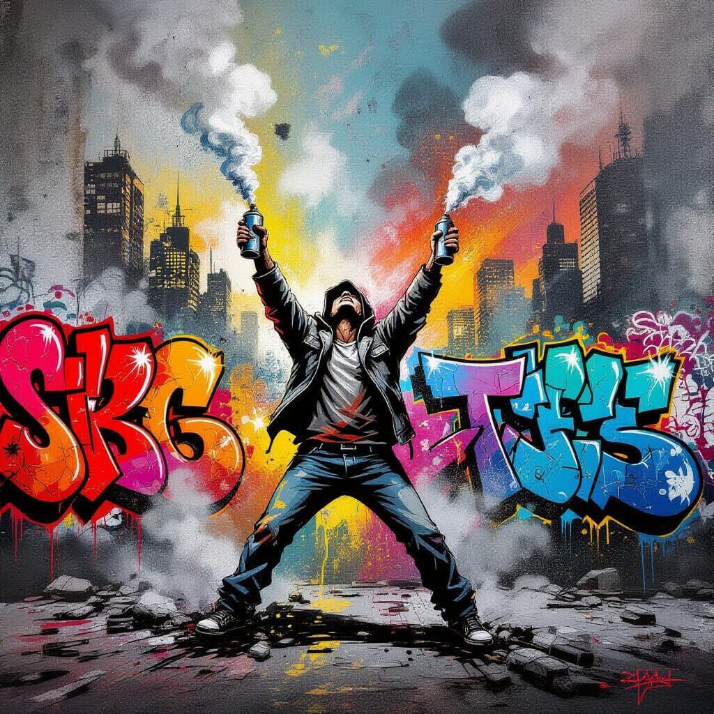 Graffiti Art: Defiant Figure Rises Amidst Urban Decay