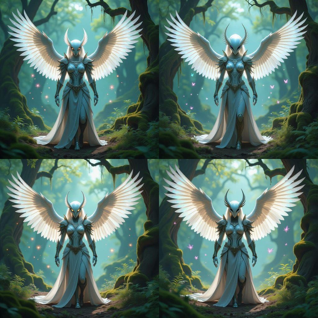 Albino Xenomorph in Mystical Forest Glade with Owl Wings