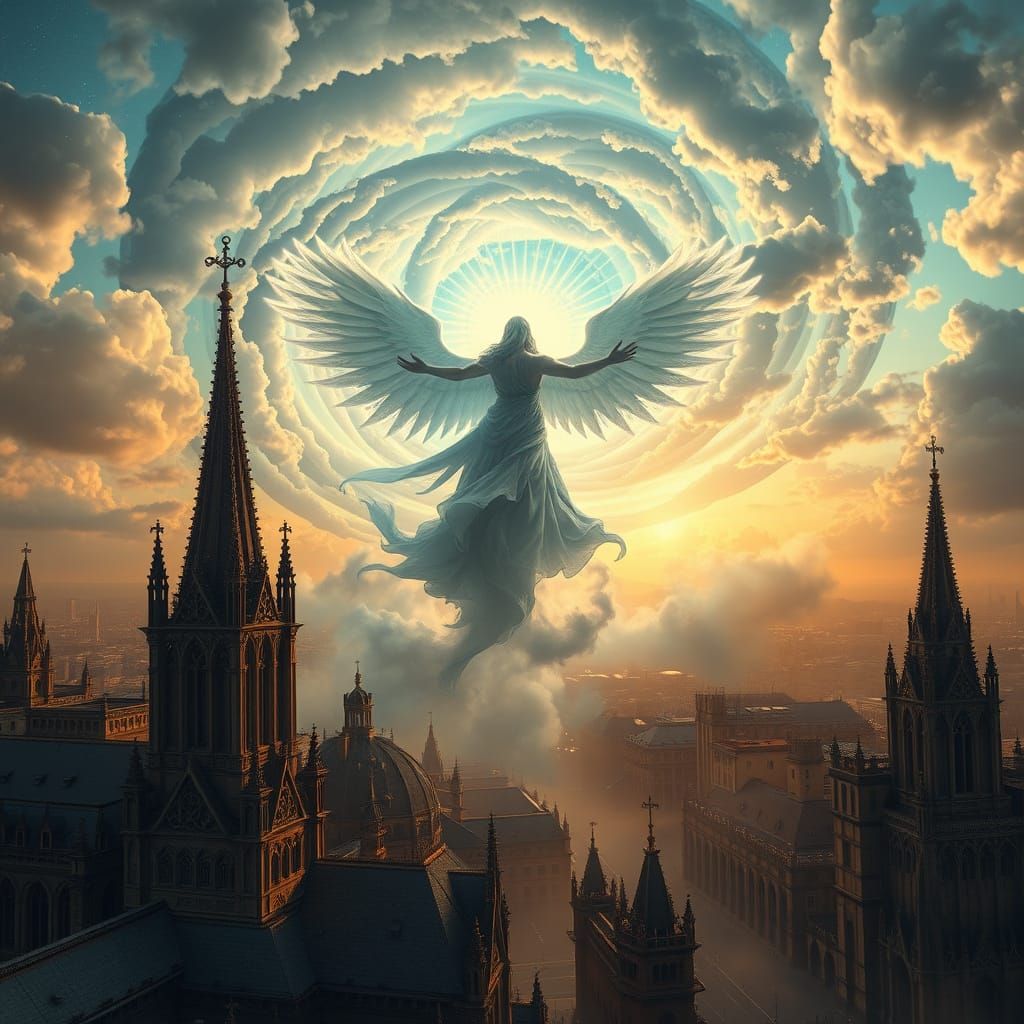Divine Figure Emerges from Celestial Vortex in Ancient Citys...