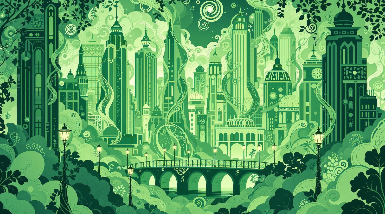 Art Nouveau Cityscape in Emerald and Jade Tones