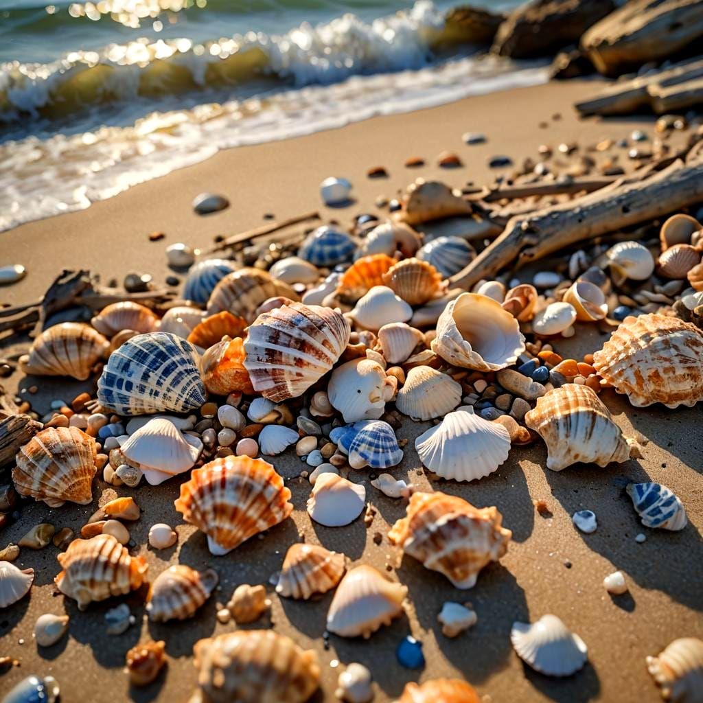 Seashells on Shoreline with Sun and Waves