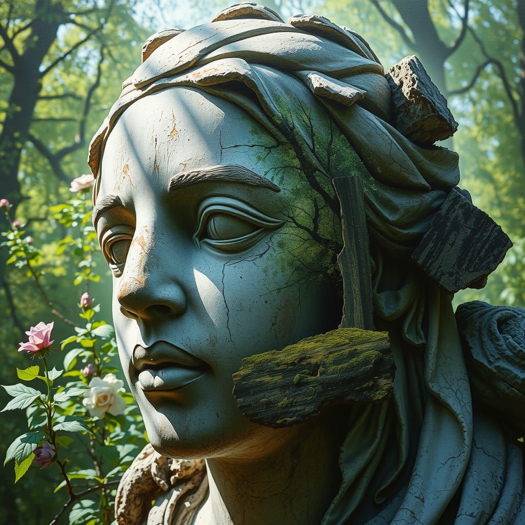 Stone Statue Merges with Enchanted Forest in Vivid Oil Paint...