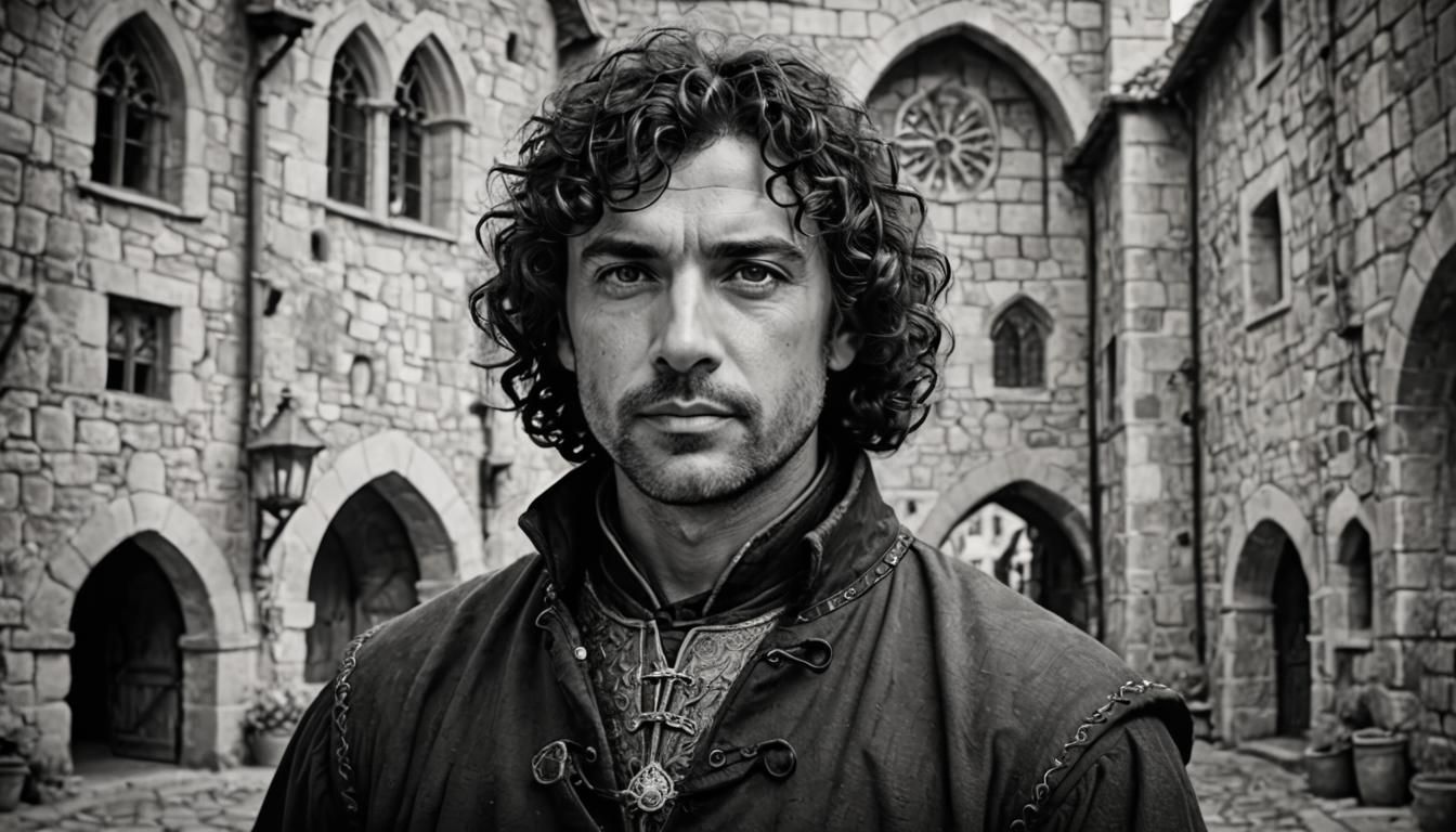 Black and White Portrait of Man in Medieval Setting