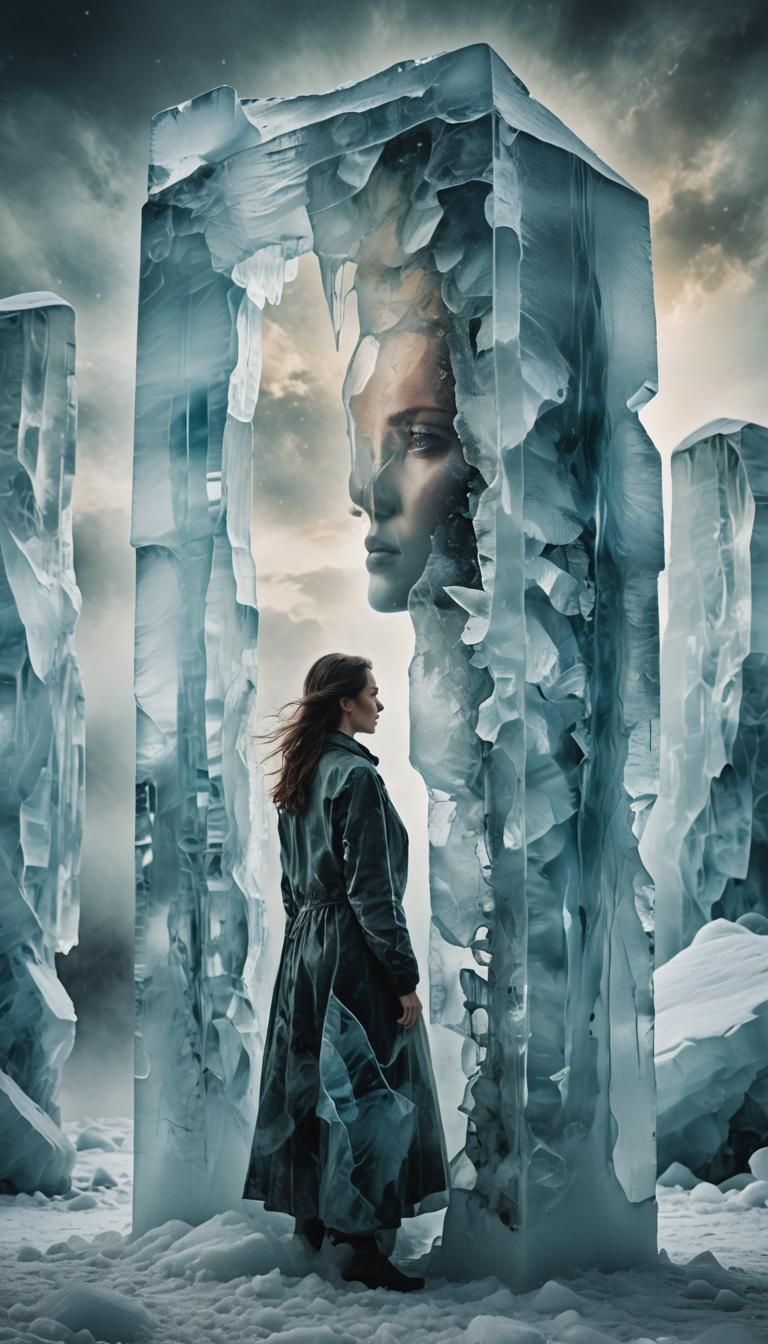 Ethereal Ice Monolith with Woman: Alcohol Ink Art