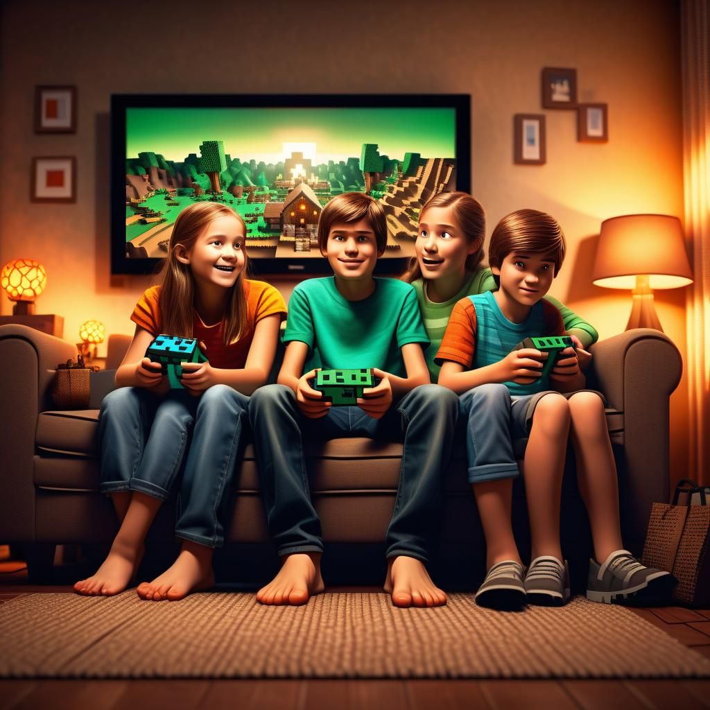 Happy Family Playing Minecraft: Hyper-Realistic Digital Art