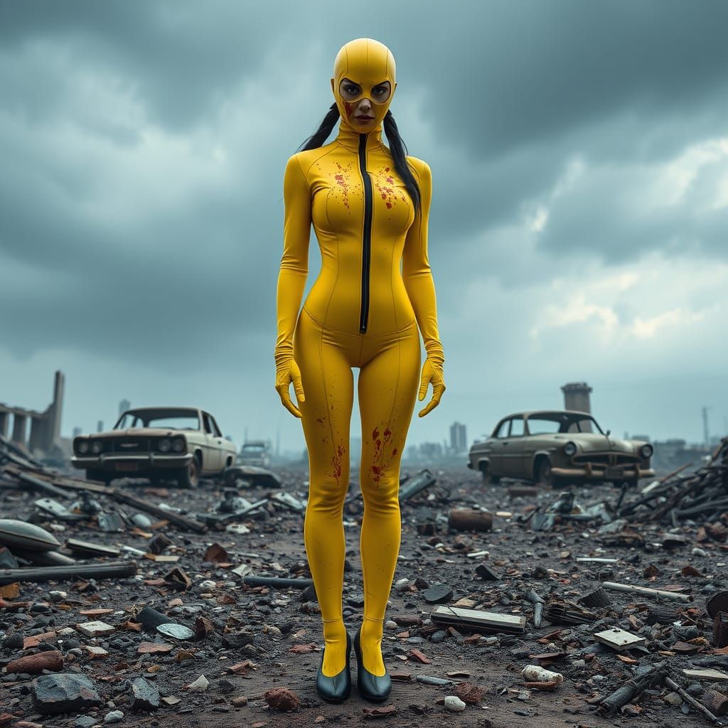 Post-Apocalyptic Woman in Yellow Latex in Ruins