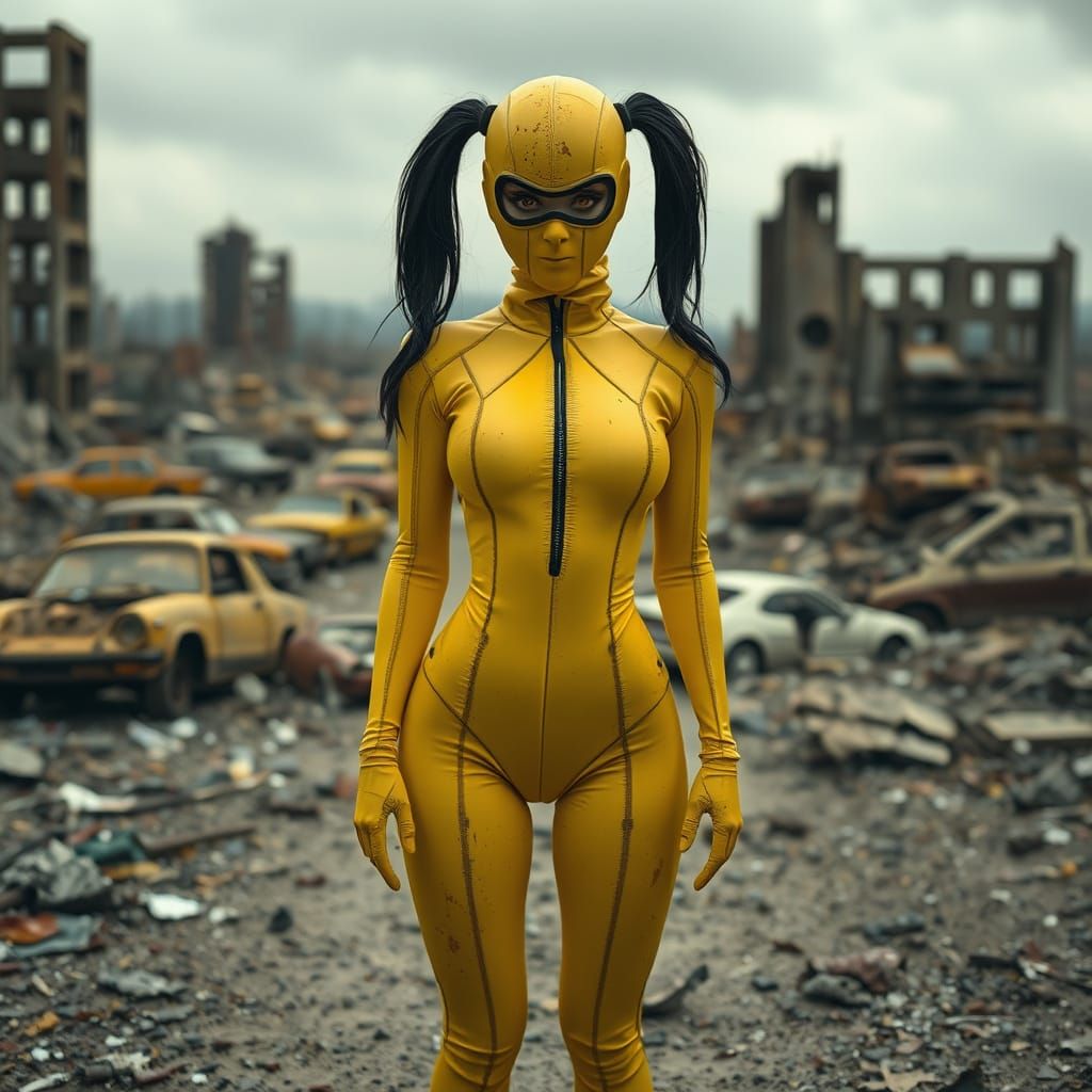 Cyberpunk Apocalypse: Woman in Yellow Latex Catsuit Amidst R...
