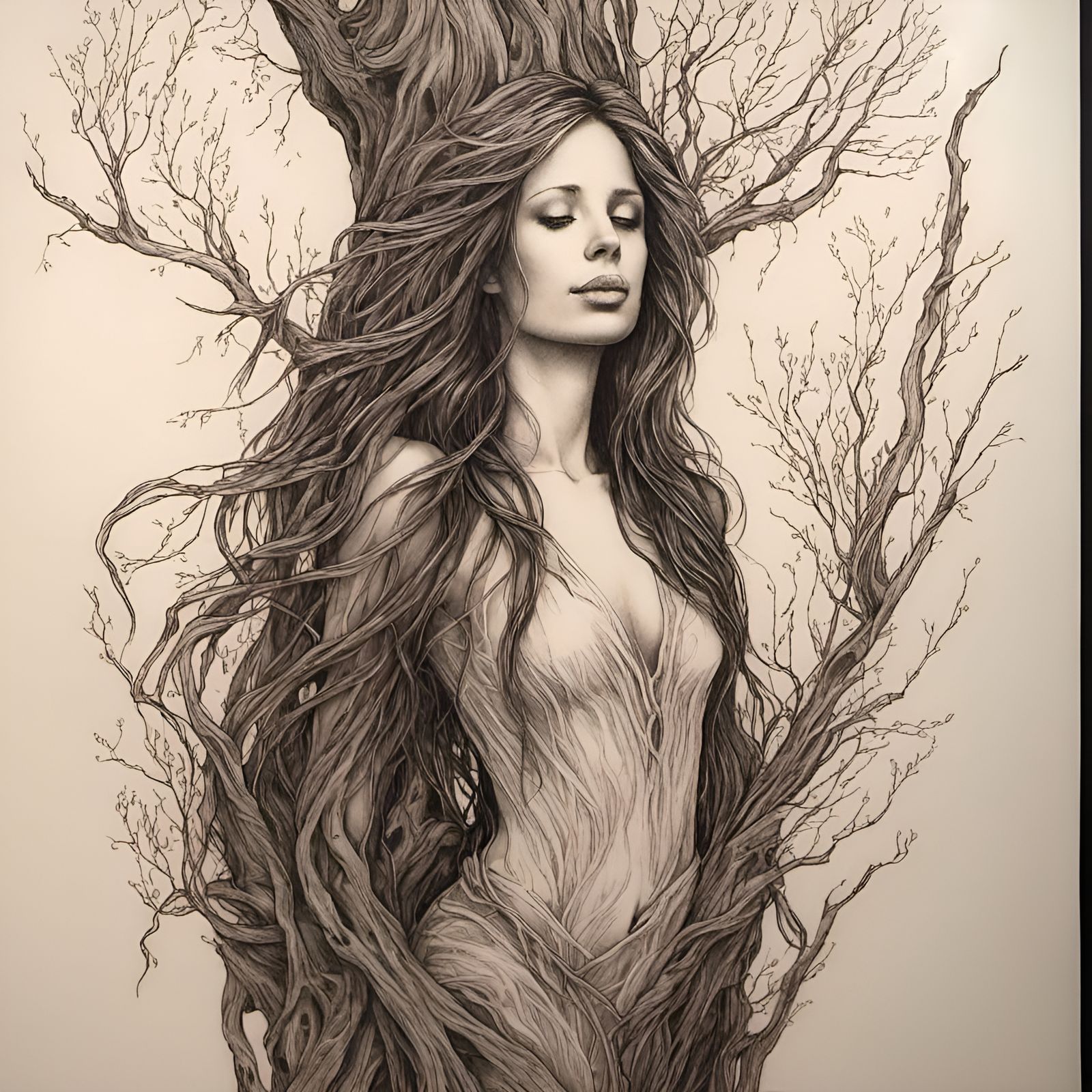Willow Tree Dryad Tattoo Design in Line Art