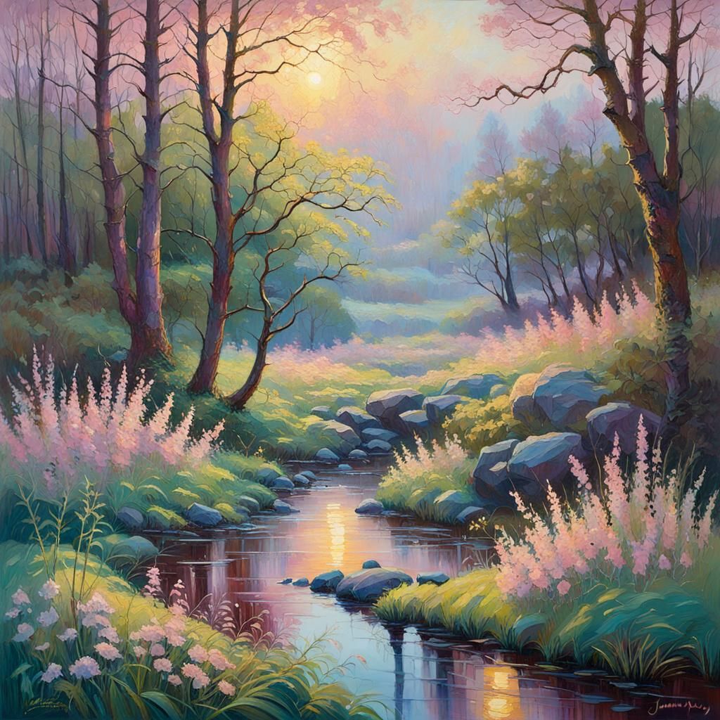 Scottish Spring Landscape in Evening Light as Oil Painting