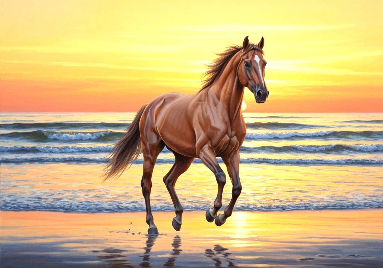 Chestnut Stallion Galloping Freely at Dawn