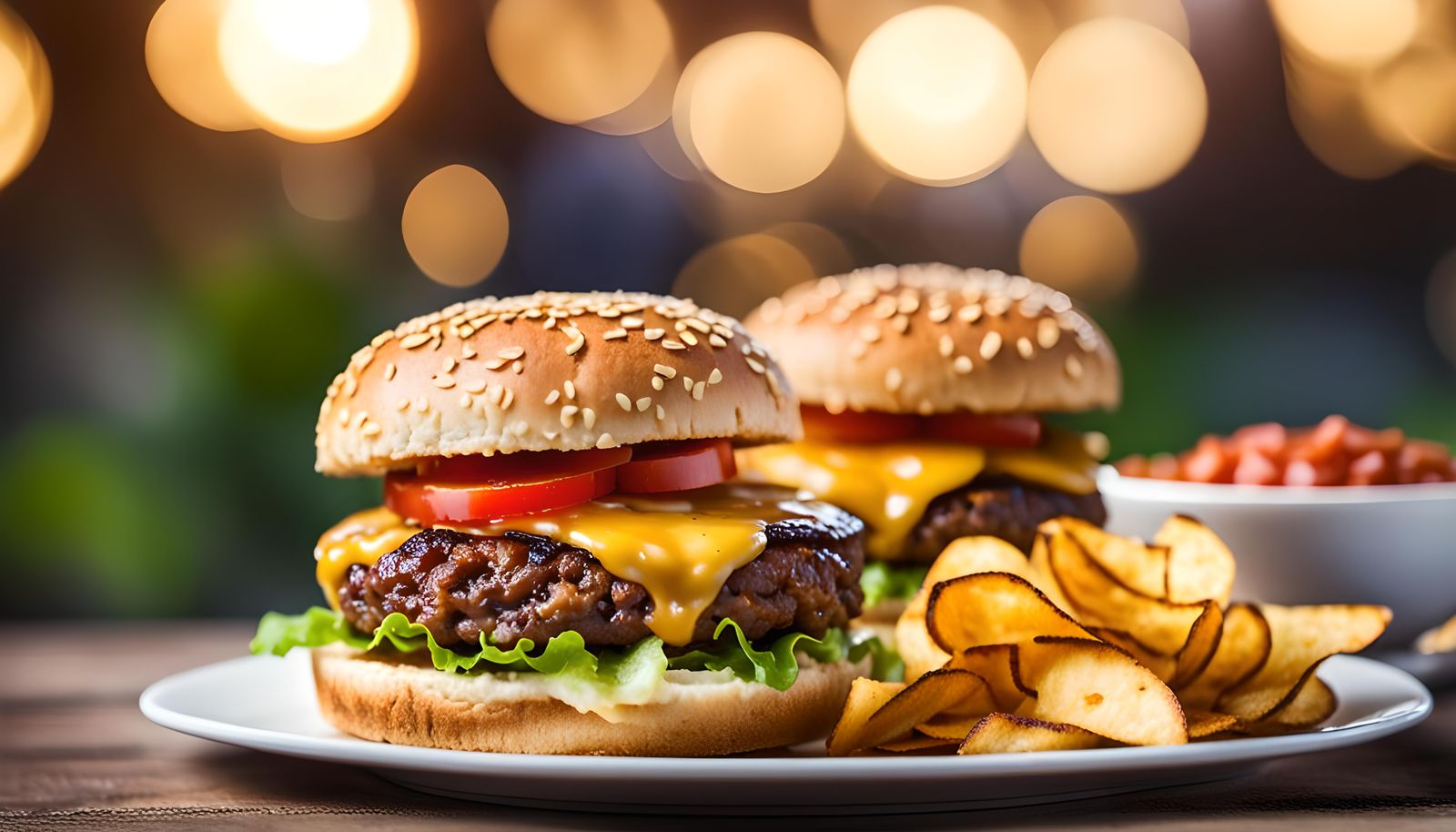 Delicious Grilled Burgers and Chips, Professional Photograph...
