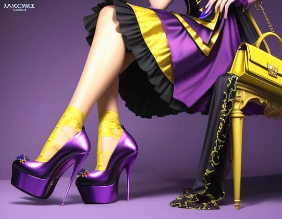 Chic Yellow Stilettos and Purse on Purple Background