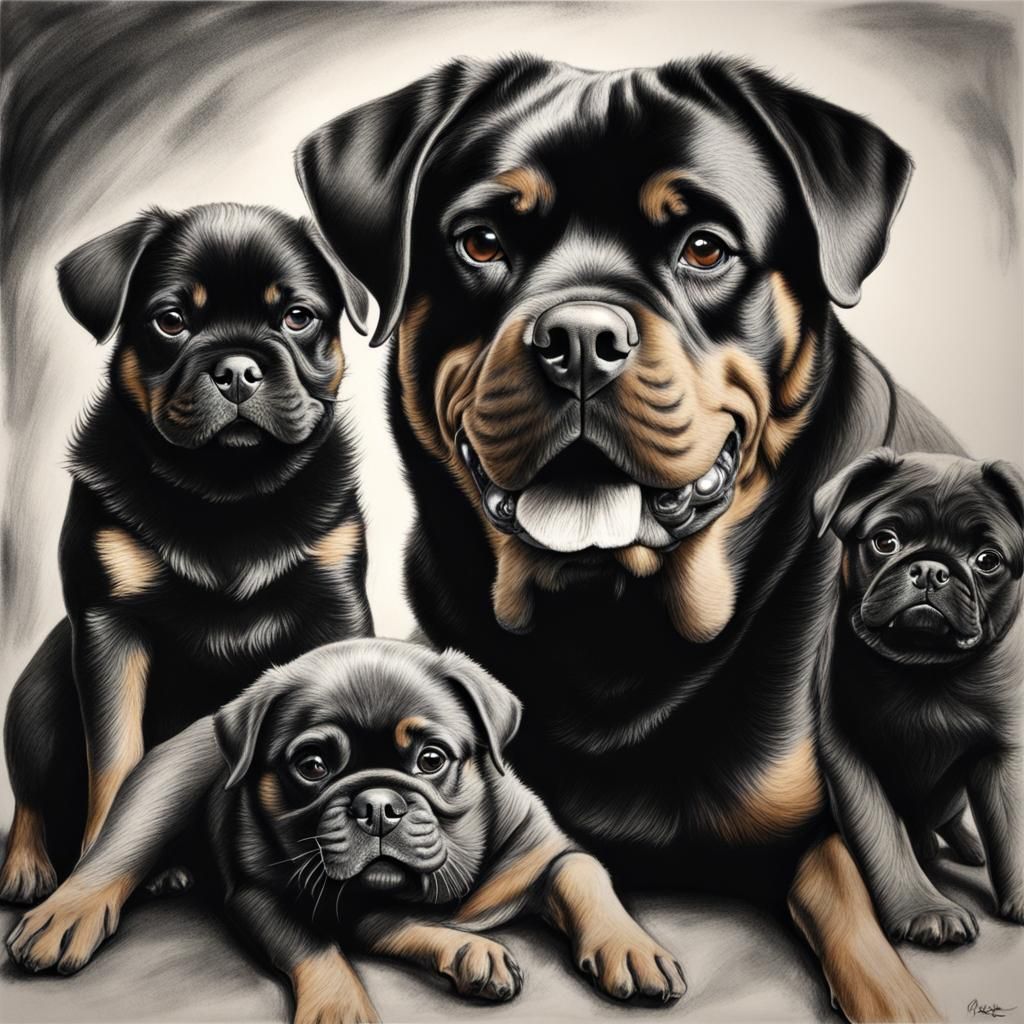 Rottweiler and Black Pugs: Hyperdetailed Charcoal Drawing