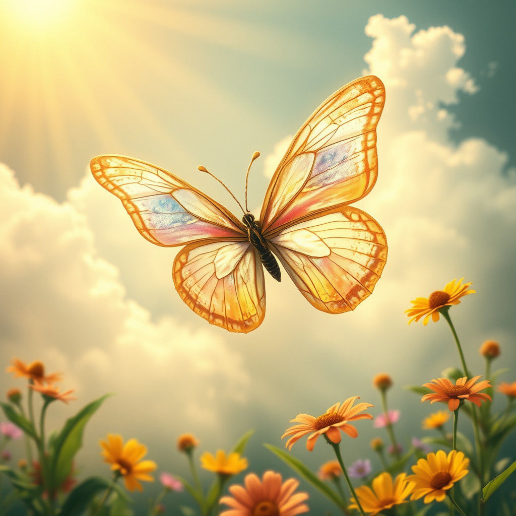 Iridescent Butterfly Flight in Art Nouveau Style