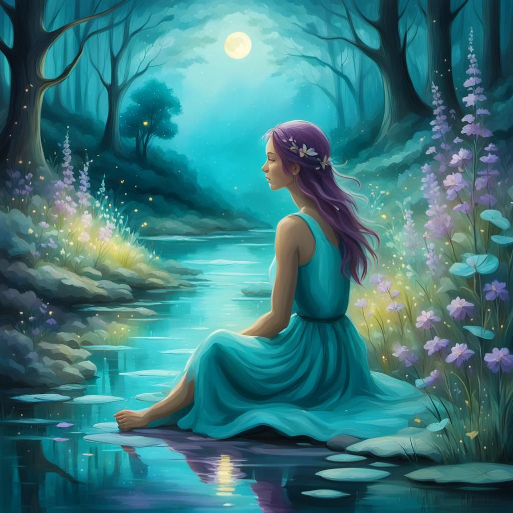 Magical Forest Landscape with Girl in Art Nouveau Style