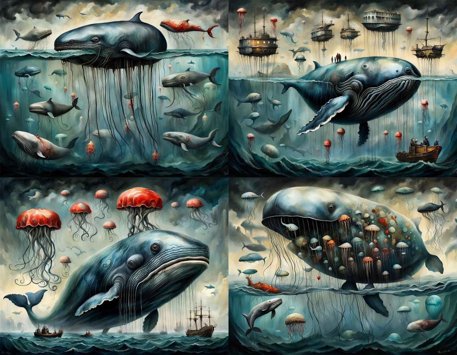 Surreal Whale-Jellyfish Hybrid in Ocean, Surreal Collage