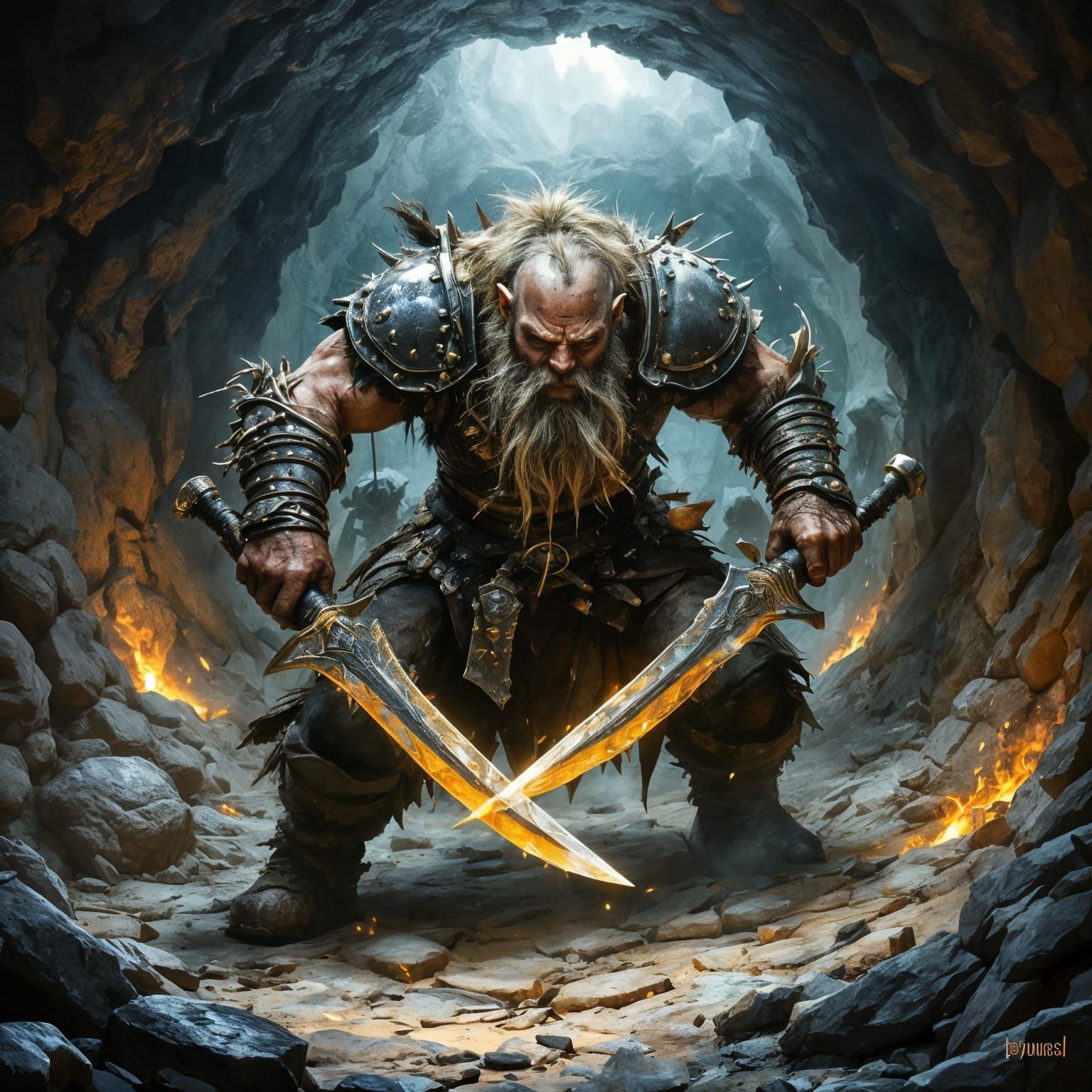 Dwarf Warrior Engages Foes in Dark Underground Tunnel