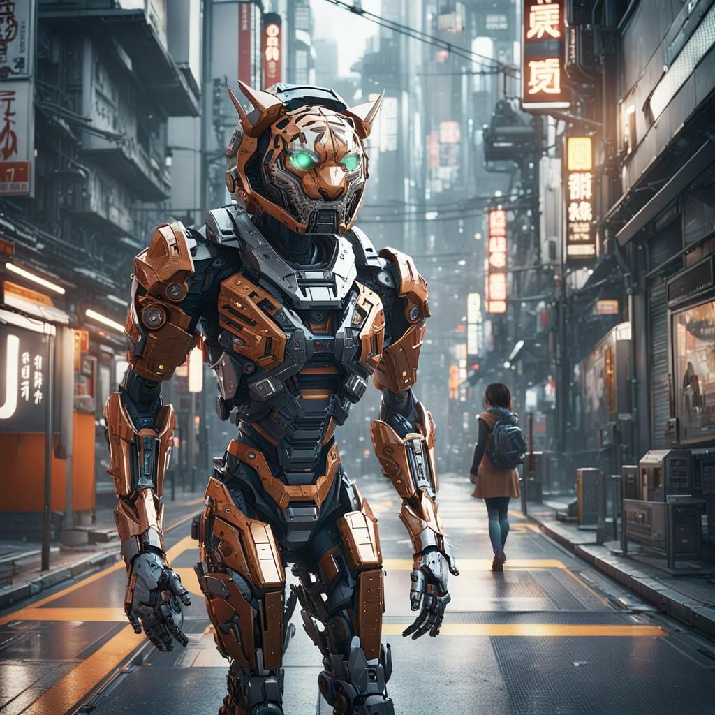 Cyborg Tiger Follows Girl in Futuristic Tokyo