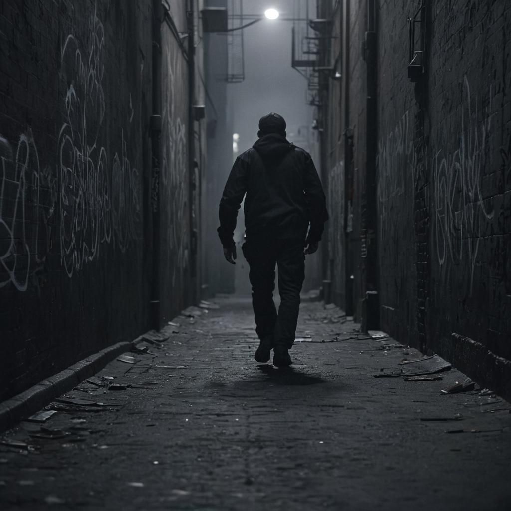 Worker Tripping in Alleyway: Hyperrealistic Film Still