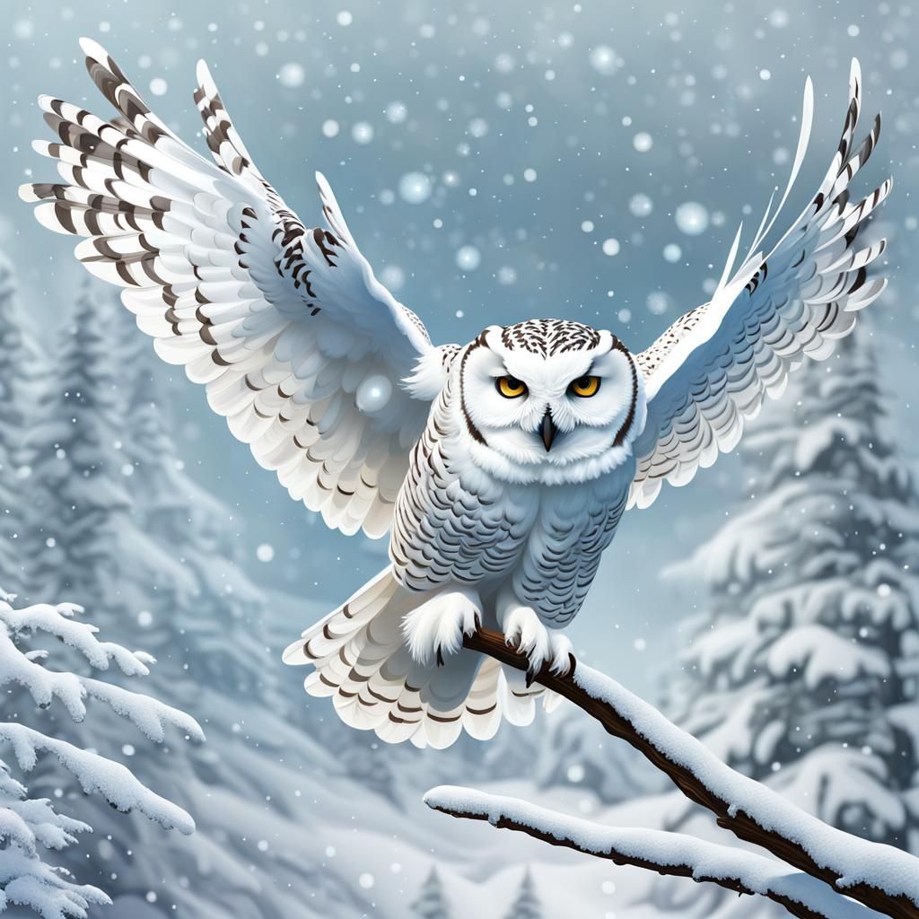 Snowy Owl Spreading Wings in Winter Scene