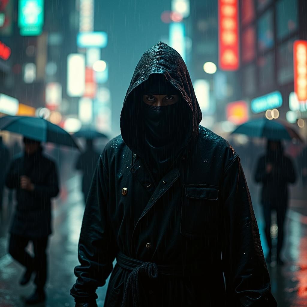 Ninja in Rainy Cityscape at Night