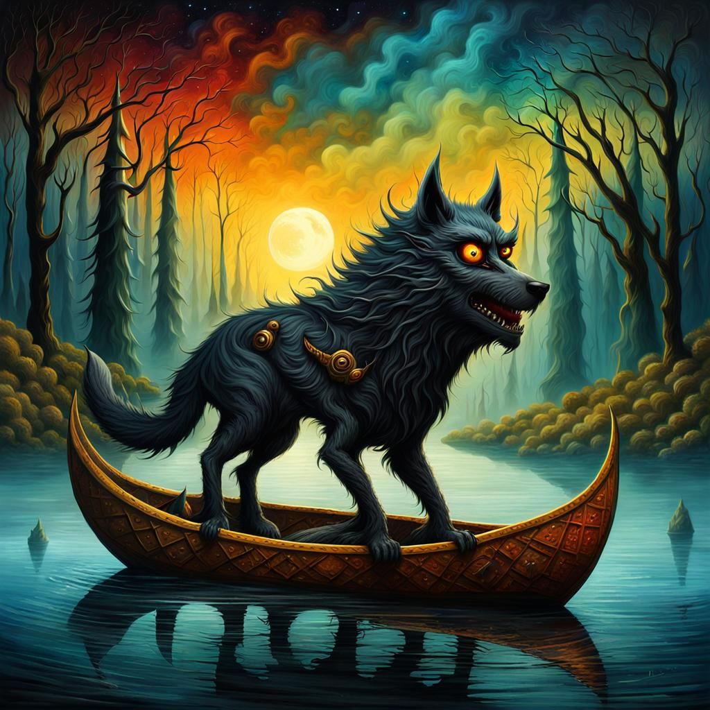 Battle Werewolf on Turbulent Lake in Gothic Fairytale Style